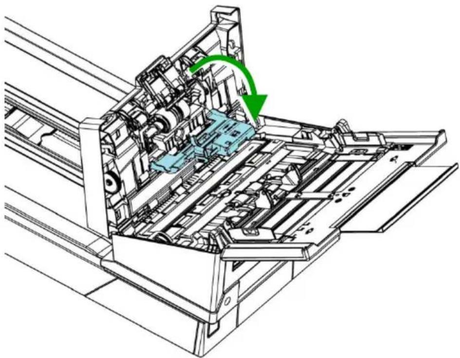 Technical line drawing of a mechanical assembly with internal components and a green arrow indicating a motion or transformation (no text or symbols present)