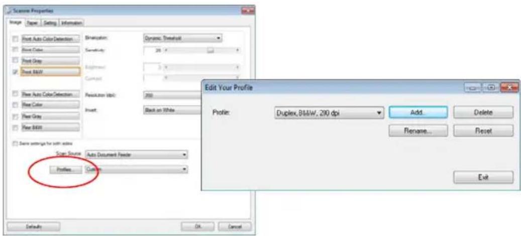Scene Properties Image Paper Setting Information Front Auto Color Detection Front Color Front Gray Front B&W Shrs: Auto Document Filter Profiles... Edit Your Profile Profile: Duplex, B&W, 290 dpi Add... Delete Rename... Reset Exit Show: Source Auto Document Filter Profiles... Custom Default OK Cance…