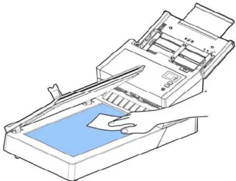 Line drawing of a printer with a hand holding a paper, showing internal components and a blue cover (no text or symbols)