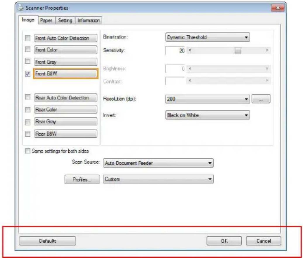 Scanner Properties Image Paper Setting Information Front Auto Color Detection Front Color Front Gray ✓ Front B&W Binarization: Dynamic Threshold Sensitivity: 20 Brightness: 0 Contrast: Resolution (dpi): 200 Invert: Black on White Same settings for both sides Scan Source: Auto Document Feeder Profile…