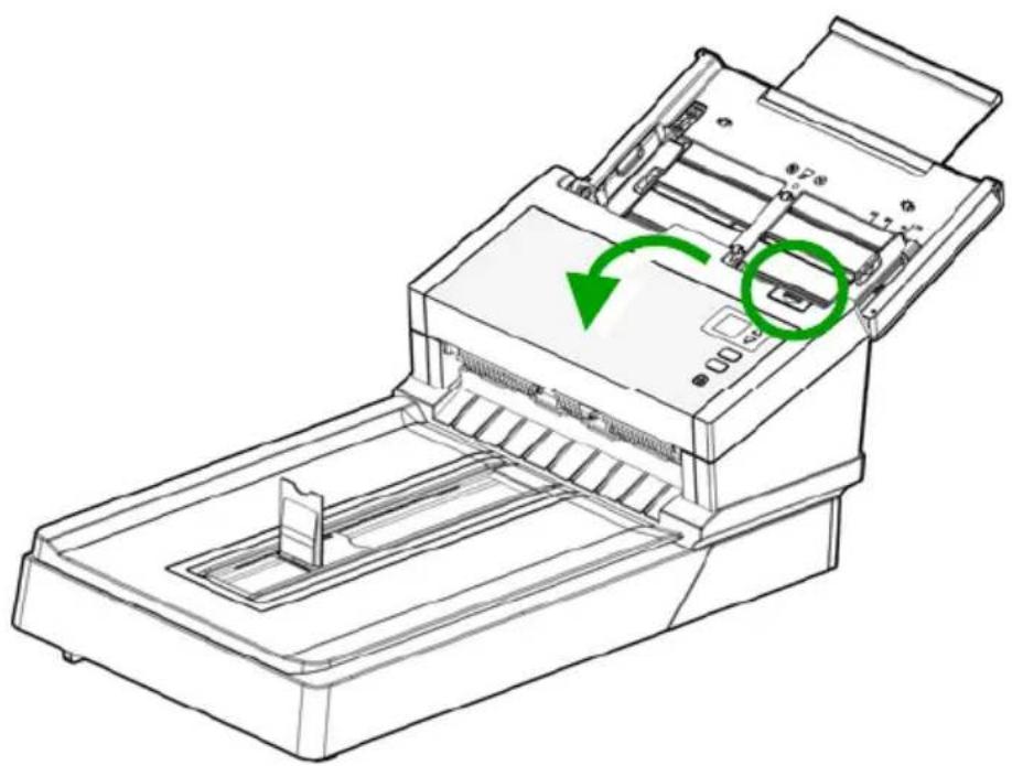 Line drawing of a printer with green circular arrow indicating rotation (no text or symbols)