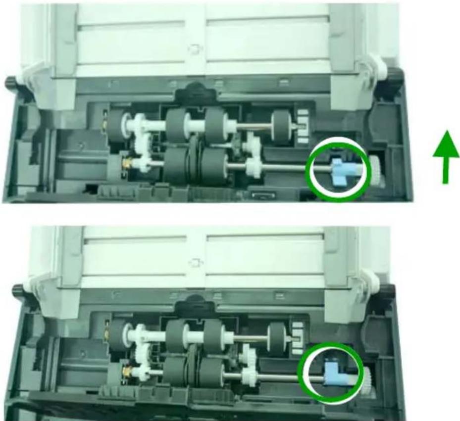 Two views of a mechanical device showing internal components and a green arrow indicating upward motion (no text or symbols present)