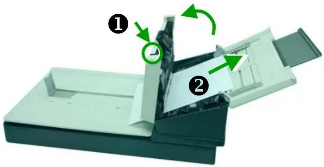 Diagram of a printer or scanner with labeled parts and green arrows indicating motion or assembly steps