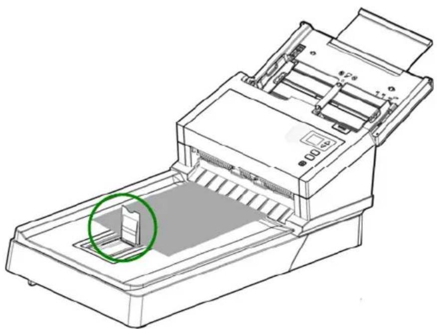 Line drawing of a printer with a green circular annotation highlighting a component (no text or symbols present)