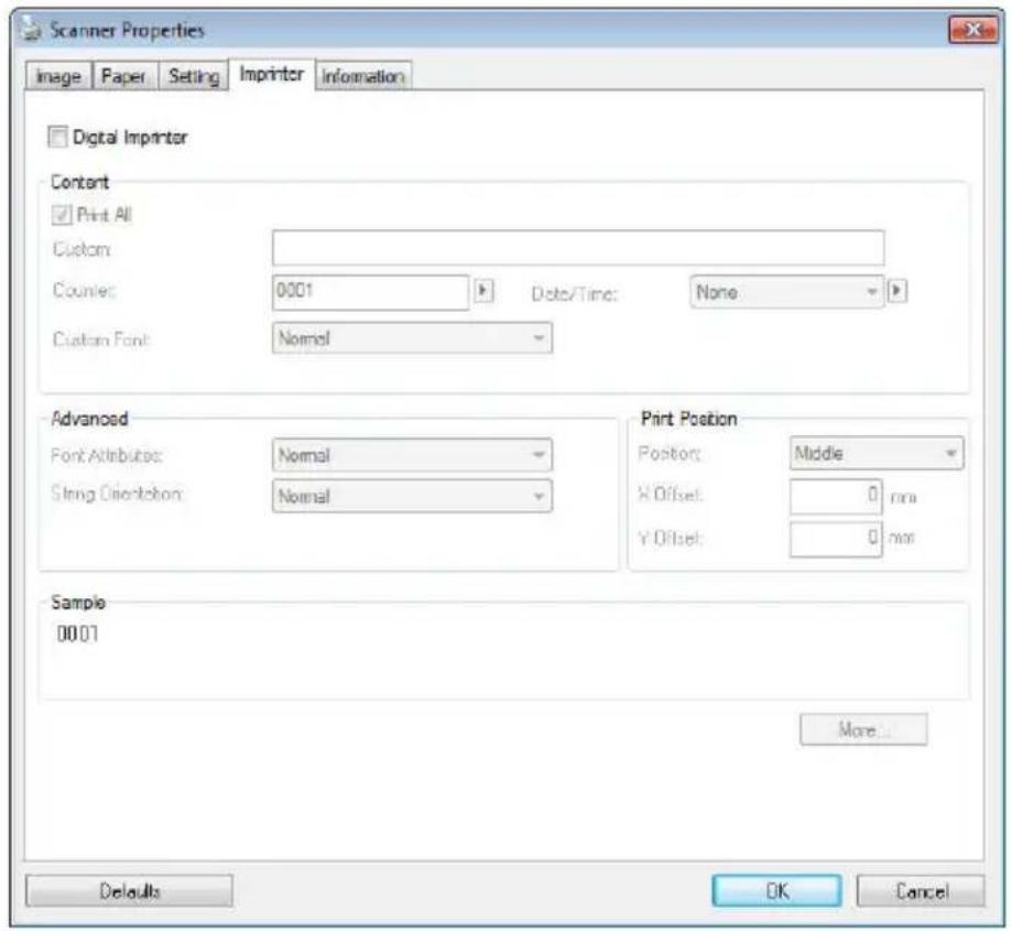 Scanner Properties Image Paper Setting Imprinter Information Digital Imprinter Content Print All Custom Counties: 0001 Date/Time: None Custom Font: Normal Advanced Font Attributes: Normal String Orientation: Normal Print Position Postor: Middle X Offset: 0 mm Y Offset: 0 mm Sample 0001 More... Defau…