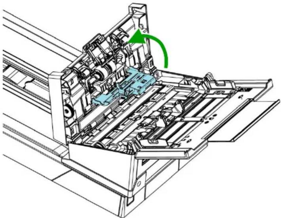 Technical line drawing of a mechanical assembly with internal components and a green arrow indicating motion (no text or symbols)