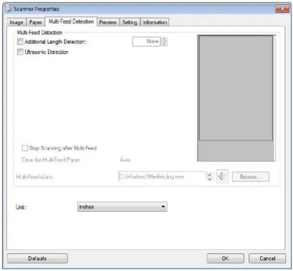 Scanner Properties Image Paper Multi-Feed Detection Preview Setting Information Multi-Feed Detection Additional Length Detection: None Ultrasonic Detection Stop Scanning after Multi-Feed Clear the Multi-Feed Paper Auto Multi-Feed Alarm:C:\Windows\Mediacing.way Browse... Unit: inches Default OK Cance…