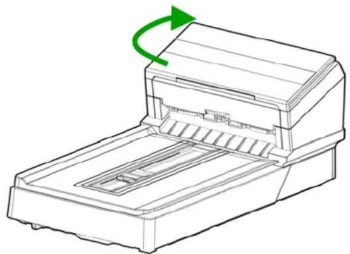 Line drawing of a printer with a green arrow indicating rotation (no text or symbols)