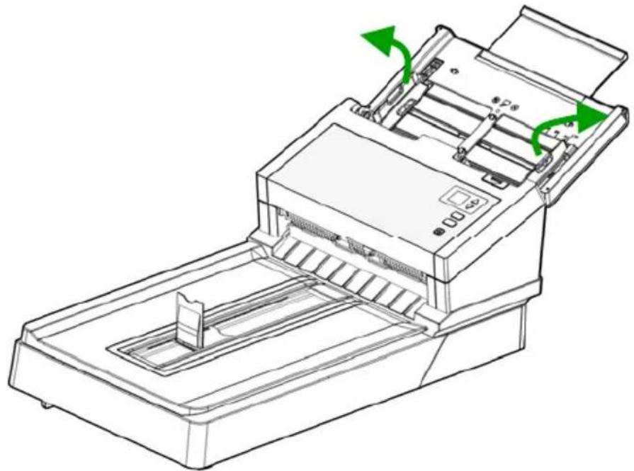 Line drawing of a printer with green arrows indicating motion or operation (no text or symbols)