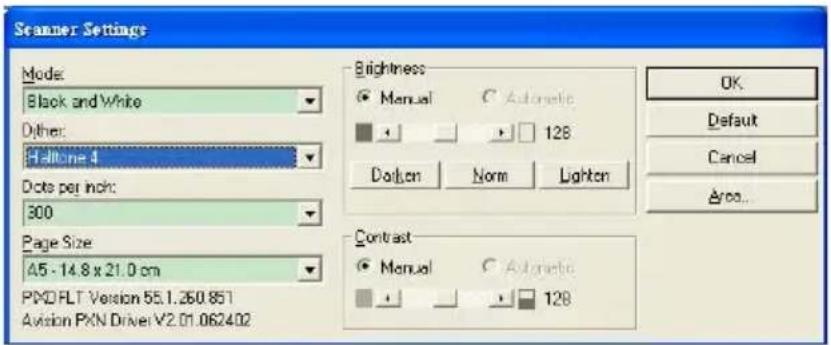 Scanner Settings Mode: Black and White Other: Helium=4 Dots per inch: 300 Page Size A5 - 14.8 x 21.0 cm PMO FLT Version 55.1.260.851 Avision PKN Driver V2.01.062402 Brightness ● Manual ○ Automatic □ + □ + □ 128 Dotlon Norm Lighton Contrast ● Manual ○ Automatic □ + □ + □ 128 OK Default Cancel Area...