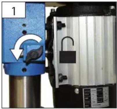 Close-up of a mechanical device with blue and black components, showing a lock mechanism and a rotating component (no text or symbols visible)