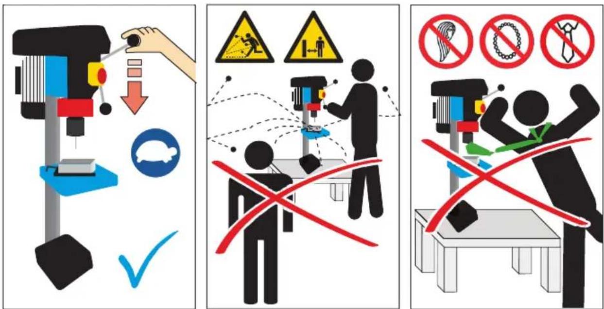 Three-panel illustration showing a 3D printer, pedestrian crossing safety signs, and a person using a 3D printer with no violations.