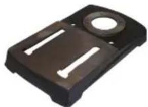 Black plastic electronic component with circular top and two side slots (no text or symbols visible)