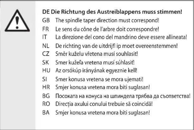 DE Die Richtung des Austreiblappens muss stimmen! GB The spindle taper direction must correspond! FR Le sens du cône de l'arbre doit correspondre! IT La direzione del cono del mandrino deve essere allineata! NL De richting van de uitdrijfl ip moet overeenstemmen! CZ Smër kuželu vretena musí souhlasi…