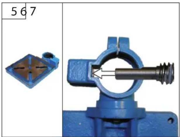 Close-up of a blue mechanical component with a threaded shaft and internal structure, alongside a small inset image labeled '567' (no text or symbols on the main subject)
