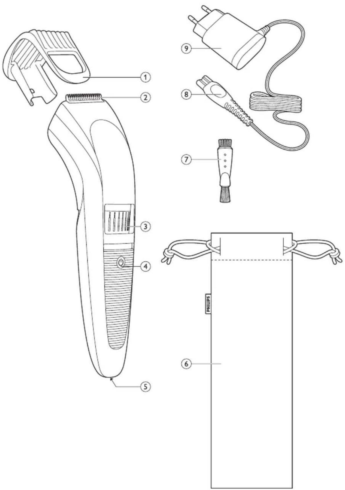 Technical diagram of a hairbrush with labeled parts including a clip, cable, and connector