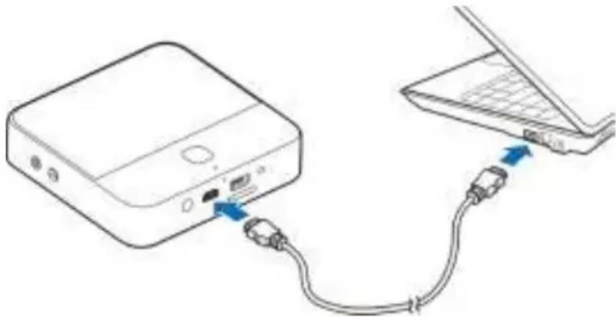 Line drawing of a device connected to a laptop via cable, showing ports and cable routing (no text or symbols)