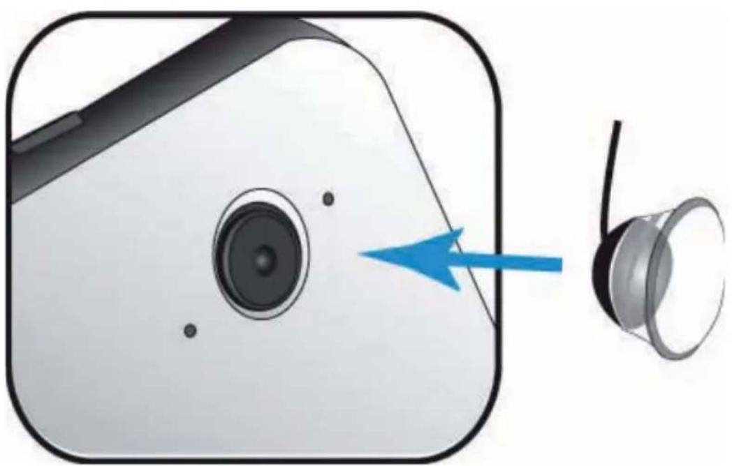 Illustration of a camera module with a blue arrow pointing to its lens, next to a smaller speaker (no text or symbols)