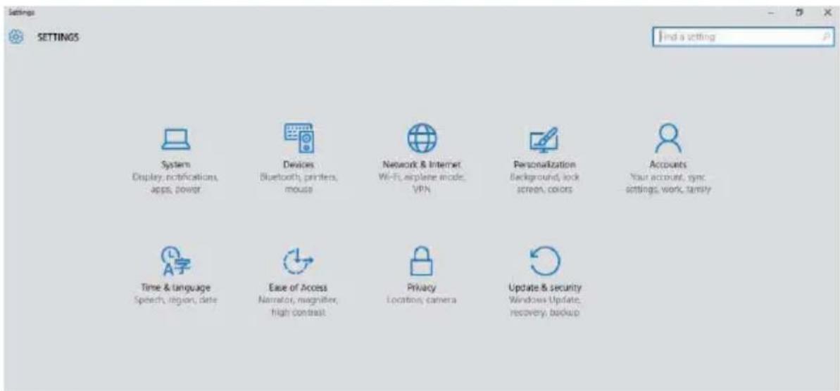 settings SETTINGS Find a setting System Display, notifications, apps, power Devices Bluetooth, printers, mouse Network & Internet Wi-Fi airplane icon, VPN Personalization Background, lock screen, colors Accounts Your account, sync settings, work, family Time & language Speech, region, date Ease of A…