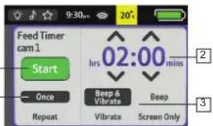 Feed Timer cam 1 Start Once Repeat Beep & Vibrate Beep 02:00 mins 2 3
