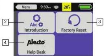 Menu 9:30am 20° ② Abc Introduction Factory Reset ③ Alecto Help Desk ④
