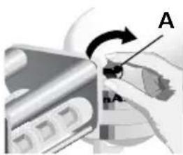 Close-up of a hand holding a small object with a curved arrow indicating rotation (no text or symbols visible)