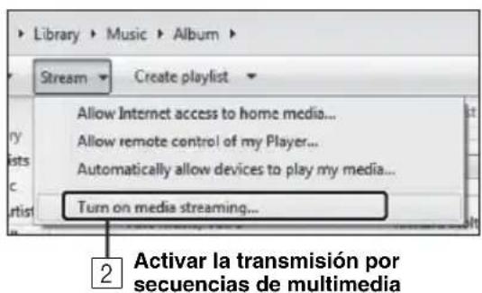 Library > Music > Album Stream > Create playlist Allow Internet access to home media... Allow remote control of my Player... Automatically allow devices to play my media... Turn on media streaming... 2 Activar la transmisión por secuencias de multimedia