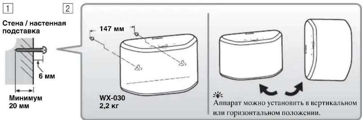 1 Стена / настенная подставка 6 мм Минимум 20 мм 147 мм WX-030 2,2 кг 2 Аппарат можно установить в вертикальном или горизонтальном положении.