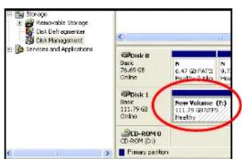 Storage • Renewable Storage • Disk Defingerer • Disk Management Services and Applications Disk 0 Disk 76.49 GB Chrome Disk 1 Disk 111.79 GB Chrome New Volume (F) 111.79 GB/105 Healthy CD-ROM 0 CD-ROM (D) Primary position