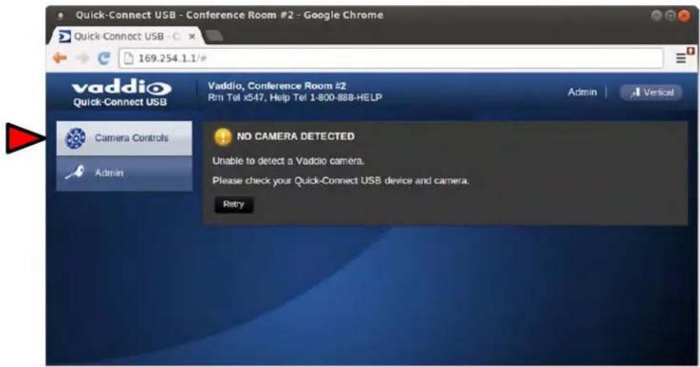 Quick-Connect USB - Conference Room #2 - Google Chrome Quick-Connect USB 169.254.1.1# vaddio Quick-Connect USB Vaddio, Conference Room #2 Rm Tel x547, Help Tel 1-800-888-HELP Admin Vertical Camera Controls Admin NO CAMERA DETECTED Unable to detect a Vaddio camera. Please check your Quick-Connect USB device and camera. Retry