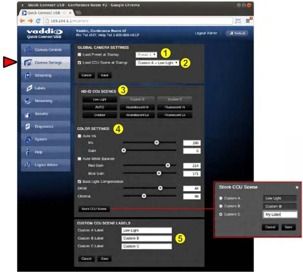 Quick-Connect USB - Conference Room #2 - Google Chrome Quick-Connect USB - C 169.254.1.1/#camera vaddio Quick-Connect USB Vaddio, Conference Room #2 Rm Tel x547, Help Tel 1-800-888-HELP Logout Admin Vertical Camera Controls Camera Settings Streaming Labels Networking Security Diagnostics System Help Logout Admin GLOBAL CAMERA SETTINGS Load Preset at Startup Preset 1 Load CCU Scene at Startup Custom A - Low Light Cancel Save HD-22 CCU SCENES Low Light Custom B Custom C AUTO Incandescent Hi Fluorescent Hi Outdoor incandescent Lo Fluorescent Lo COLOR SETTINGS Auto Iris Iris 160 Gain 0 Auto White Balance Red Gain 214 Blue Gain 171 Back Light Compensation Detail 44 Chroma 99 Store CCU Scene CUSTOM CCU SCENE LABELS Custom A Label Low Light Custom B Label Custom B Custom C Label Custom C Cancel Save Store CCU Scene Custom A Low Light Custom B Custom B Custom C My Label Cancel Save
