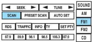 SEEK TUNE SCAN PRESET SCAN AUTO SET RDS TRAFFIC INFO PTY SET PTY 87.9 89.9 98.1 98.5 106.3 107.9 SOUND AM FM1 FM2 CD