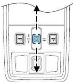 Diagram showing a device control panel with labeled buttons and directional arrows indicating movement or operation.