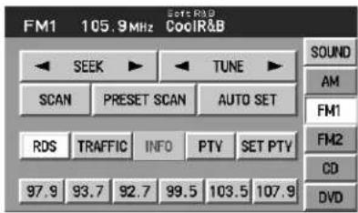 FM1 105.9MHz CoolR&B SEEK TUNE SCAN PRESET SCAN AUTO SET RDS TRAFFIC INFO PTV SET PTV 97.9 93.7 92.7 99.5 103.5 107.9 SOUND AM FM1 FM2 CD DVD