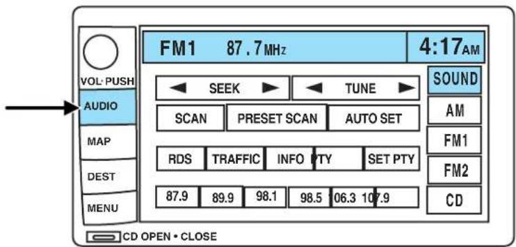 FM1 87.7MHz 4:17AM VOL PUSH AUDIO MAP DEST MENU CD OPEN • CLOSE SEEK TUNE SCAN PRESET SCAN AUTO SET RDS TRAFFIC INFO PTY SET PTY 87.9 89.9 98.1 98.5 06.3 107.9 SOUND AM FM1 FM2 CD