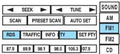 SEEK TUNE SCAN PRESET SCAN AUTO SET RDS TRAFFIC INFO PTY SET PTY 87.9 89.9 98.1 98.5 106.3 07.9 SOUND AM FM1 FM2 CD