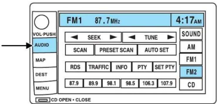 VOL-PUSH AUDIO MAP DEST MENU FM1 87.7MHz 4:17AM SEEK TUNE SCAN PRESET SCAN AUTO SET RDS TRAFFIC INFO PTY SET PTY 87.9 89.9 98.1 98.5 106.3 107.9 CD OPEN • CLOSE SOUND AM FM1 FM2 CD