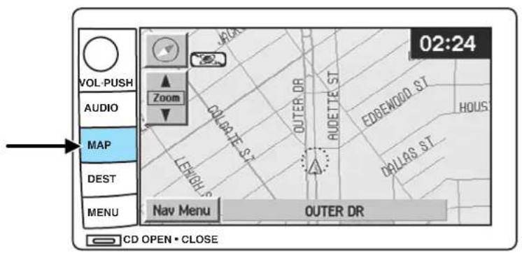 02:24 VOL-PUSH AUDIO MAP DEST MENU Zoom COLSATE ST. LEIGH ST. OUTER DR AUDETTE ST. EDBENDO ST. HOUS DRILLAS ST. NAV MENU OUTER DR CD OPEN • CLOSE