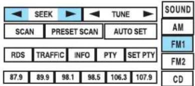 SEEK TUNE SOUND AM SCAN PRESET SCAN AUTO SET RDS TRAFFIC INFO PTY SET PTY 87.9 89.9 98.1 98.5 106.3 107.9 FM1 FM2 CD