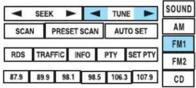 SEEK TUNE SOUND AM SCAN PRESET SCAN AUTO SET RDS TRAFFIC INFO PTY SET PTY 87.9 89.9 98.1 98.5 106.3 107.9 FM1 FM2 CD