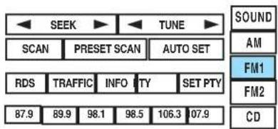 SEEK TUNE SCAN PRESET SCAN AUTO SET RDS TRAFFIC INFO PTY SET PTY 87.9 89.9 98.1 98.5 106.3 107.9 SOUND AM FM1 FM2 CD