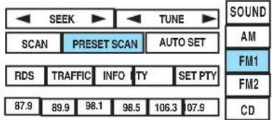 SEEK TUNE SOUND AM SCAN PRESET SCAN AUTO SET RDS TRAFFIC INFO PTY SET PTY 87.9 89.9 98.1 98.5 106.3 07.9 FM1 FM2 CD