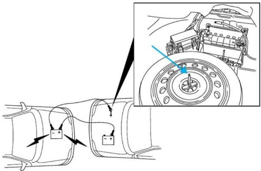 Technical diagram showing battery connections and mechanical assembly with labeled components and an inset view of a wheel assembly.