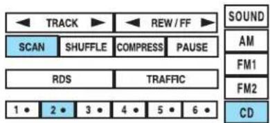 TRACK REW / FF SCAN SHUFFLE COMPRESS PAUSE RDS TRAFFRIC 1 • 2 • 3 • 4 • 5 • 6 • SOUND AM FM1 FM2 CD