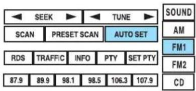SEEK TUNE SOUND AM SCAN PRESET SCAN AUTO SET RDS TRAFFIC INFO PTY SET PTY 87.9 89.9 98.1 98.5 106.3 107.9 FM1 FM2 CD