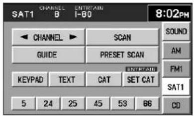 CHANNEL ENTRAIN SAT1 8 I-80 8:02PM CHANNEL ▶ GUIDE SCAN PRESET SCAN KEYPAD TEXT CAT SET CAT 5 24 25 45 53 66 SOUND AM FM1 SAT1 CD