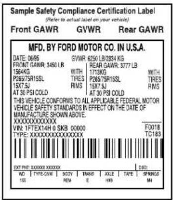 Sample Safety Compliance Certification Label (Refer to actual label on your vehicle) Front GAWR GVWR Rear GAWR MFD. BY FORD MOTOR CO. IN U.S.A. DATE: 06/95 GVWR: 6250 LB/2834 KG FRONT GAWR: 3450 LB REAR GAWR: 3777 LB 1564KG WITH 1713KG WITH P26575R15SL TRES P26575R15SL TRES 15X7.5J RMS 15X7.5J RMS AT 30 PSI COLD AT 30 PSI COLD THIS VEHICLE CONFORMS TO ALL APPLICABLE FEDERAL MOTOR VEHICLE SAFETY STANDARDS IN EFFECT ON THE DATE OF MANUFACTURE SHOWN ABOVE. XXXXXXXXXXXXX VIN: 1FTEX14H 0 SKB 00000 F0018 TYPE: XXXXXXXXXXXXXXXXX TC183 EXT FIN: XXXXXXXXXXXXXXX WD TYPE: GVW BODY TRANS AXLE TAPE SPRINGS 1SS REM E H9 M4