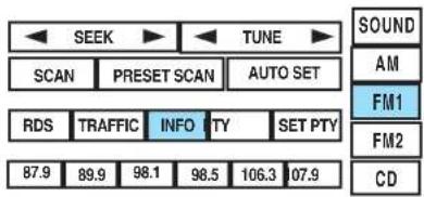 SEEK TUNE SCAN PRESET SCAN AUTO SET RDS TRAFFIC INFO PTY SET PTY 87.9 89.9 98.1 98.5 106.3 07.9 SOUND AM FM1 FM2 CD
