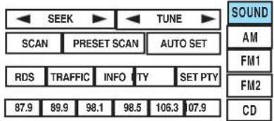 SEEK TUNE SOUND AM SCAN PRESET SCAN AUTO SET RDS TRAFFIC INFO PTY SET PTY 87.9 89.9 98.1 98.5 106.3 07.9 FM1 FM2 CD