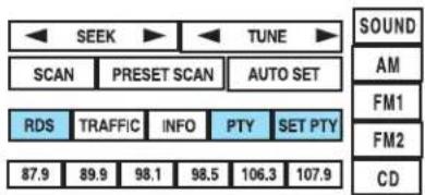 SEEK TUNE SCAN PRESET SCAN AUTO SET RDS TRAFFIC INFO PTY SET PTY 87.9 89.9 98.1 98.5 106.3 107.9 SOUND AM FM1 FM2 CD